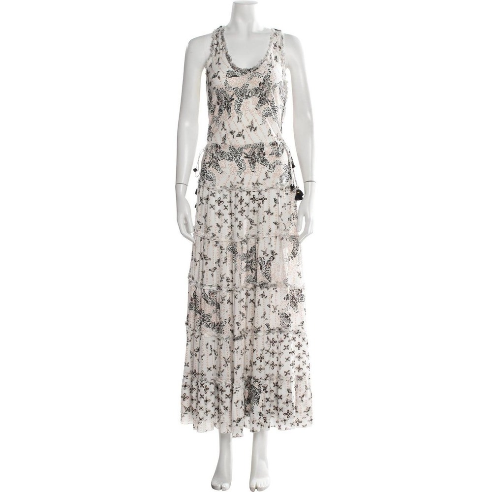 Poupette St Barth Floral Tiered Maxi Dress Crochet Back Tassel M Bohemian Resort